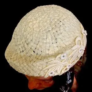 Mid Century Woven Plastic w/Floral Appliqué & Rhinestones Cloche Hat Vintage | Accessories | Mid Century Woven Plastic Wfloral  main image 3
